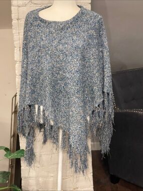 Blue Textured Fringe Knit Poncho - Women Accessories Scarves & Wraps